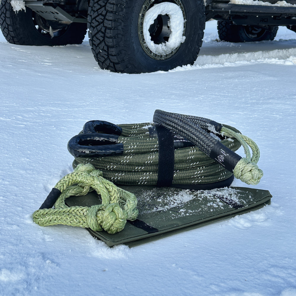 Kinetic-X Ultimate Recovery Kit, kinetic rope with soft shackles and hitch hero package in the snow