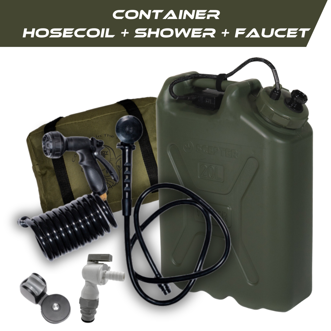 Trailwash with green container hose shower and faucet