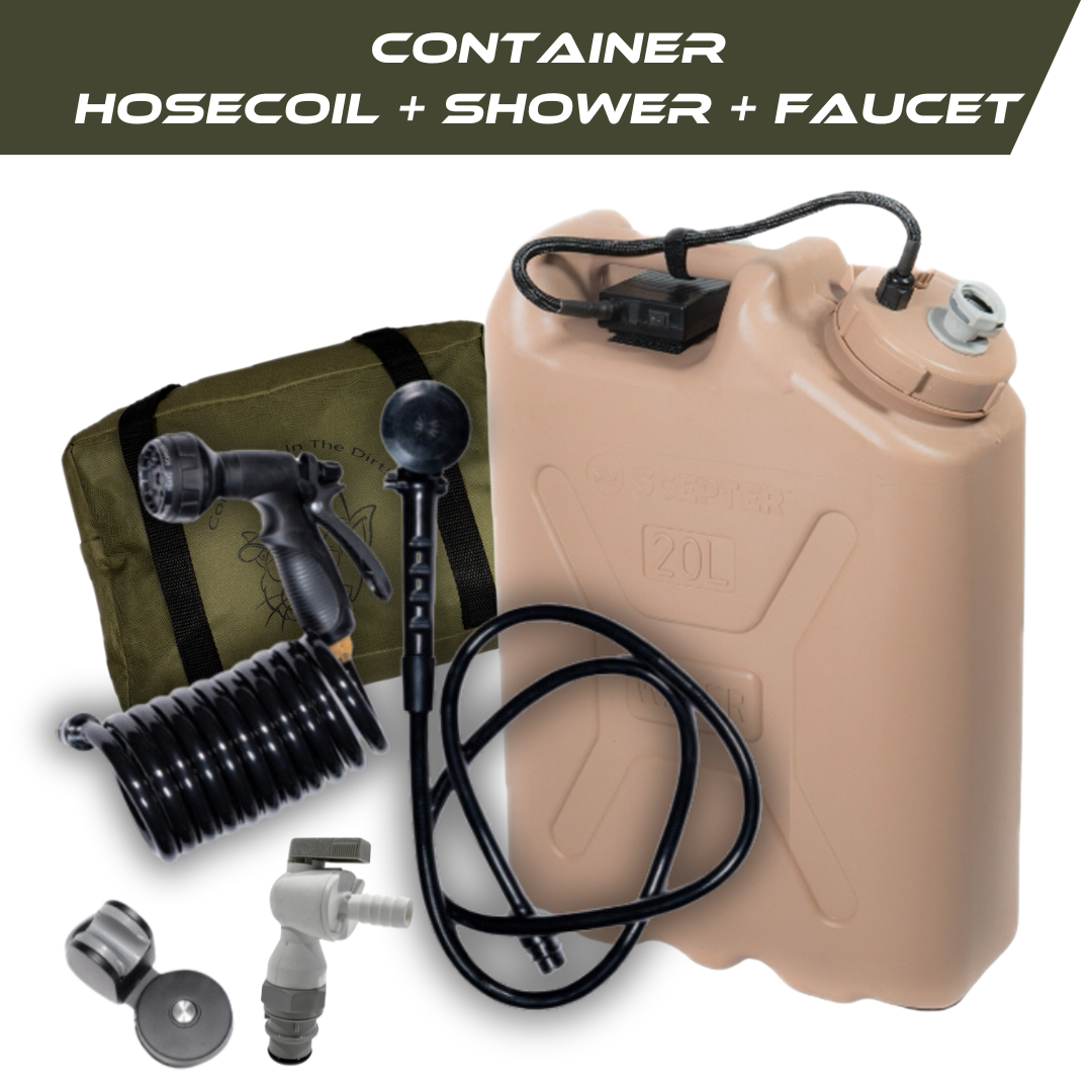 Trailwash with tan sand container hose shower and faucet