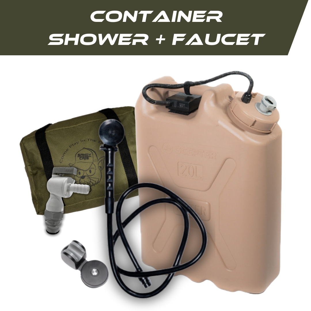 Trailwash Oasis Combo shower and faucet with tan sand container