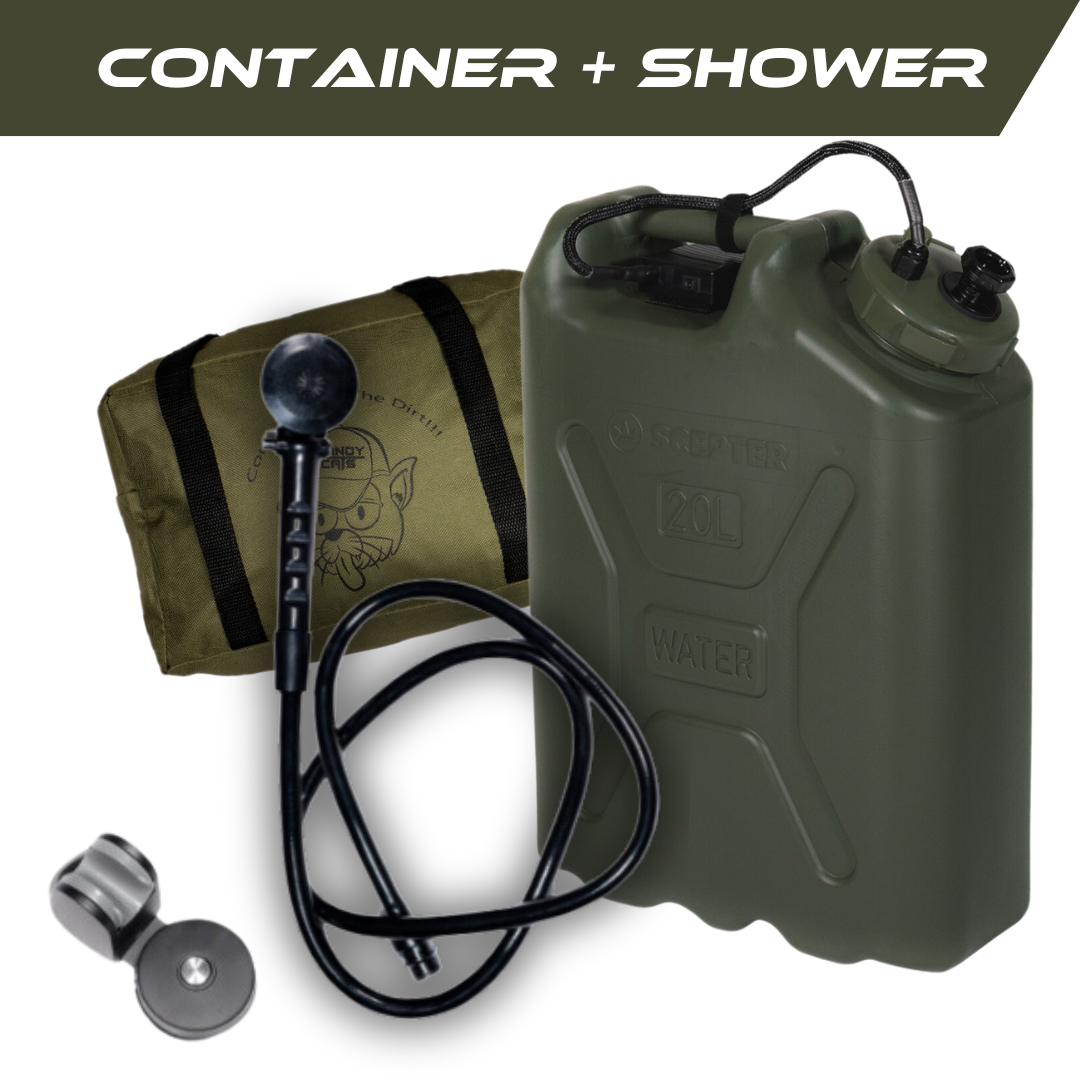 Trailwash Wild Shower portable shower system with green scepter container