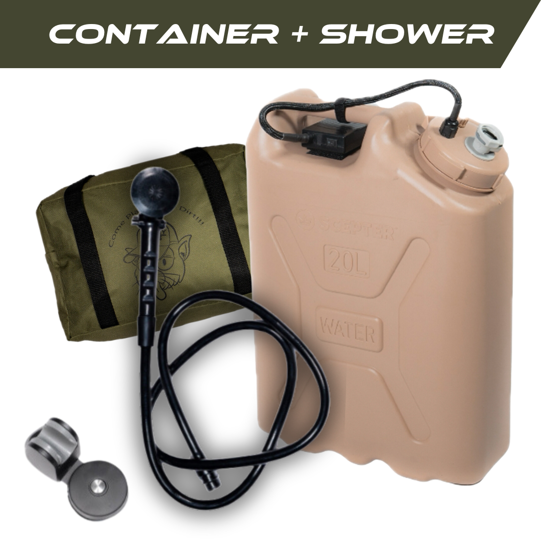 Trailwash Wild Shower portable shower system with tan sand scepter container