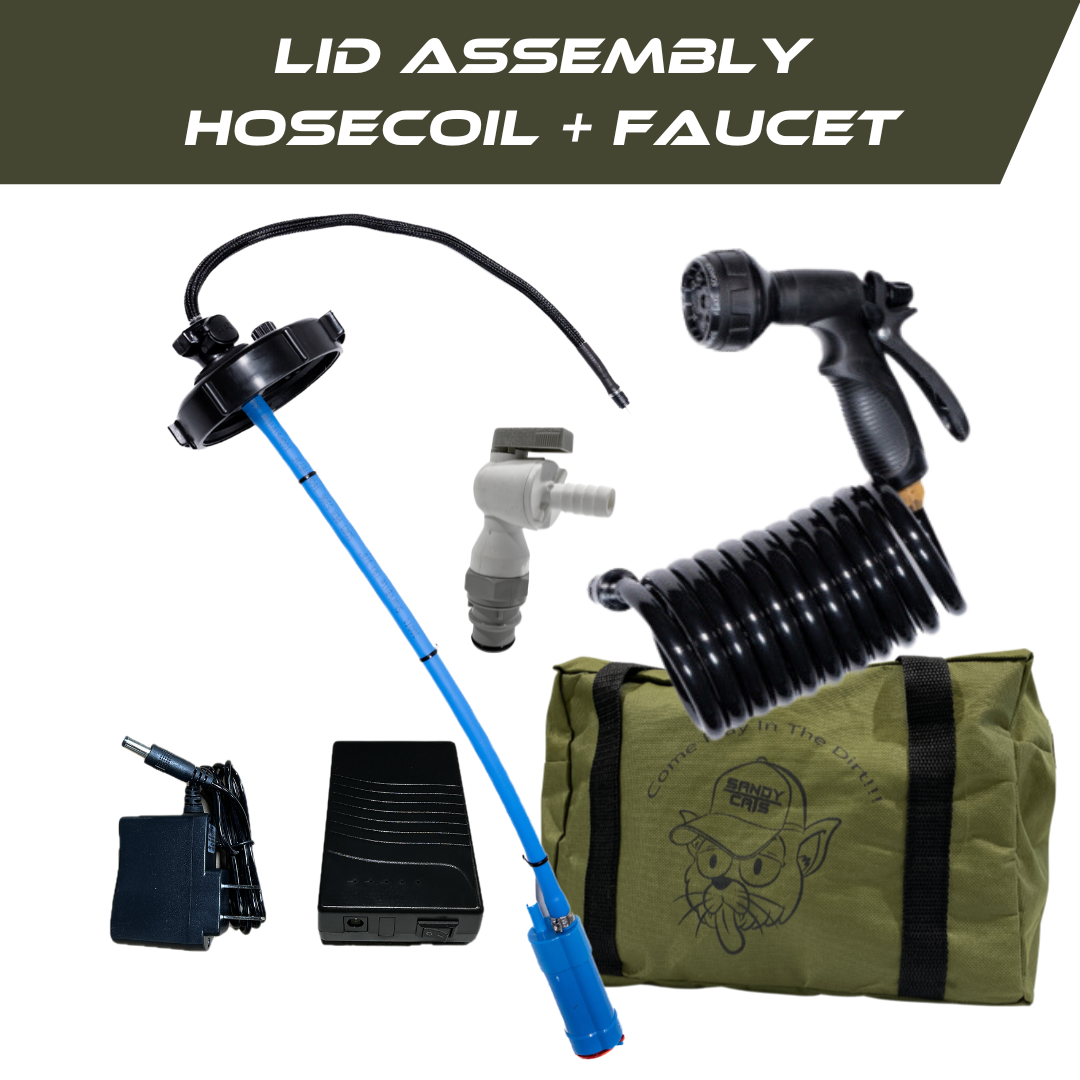 Trailwash Wilderness Wave hose coil and faucet with black lid assembly