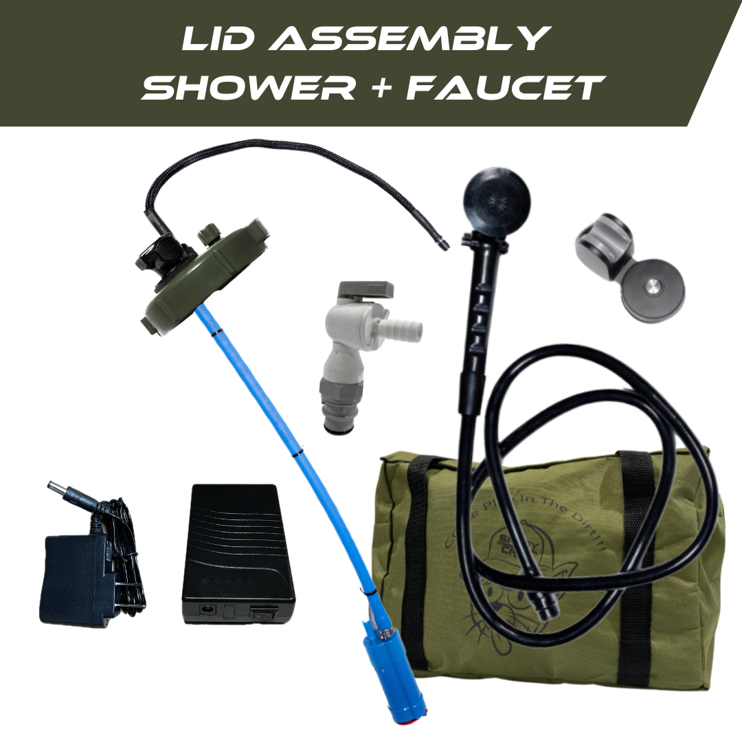 Trailwash Oasis Combo shower and faucet with green lid assembly