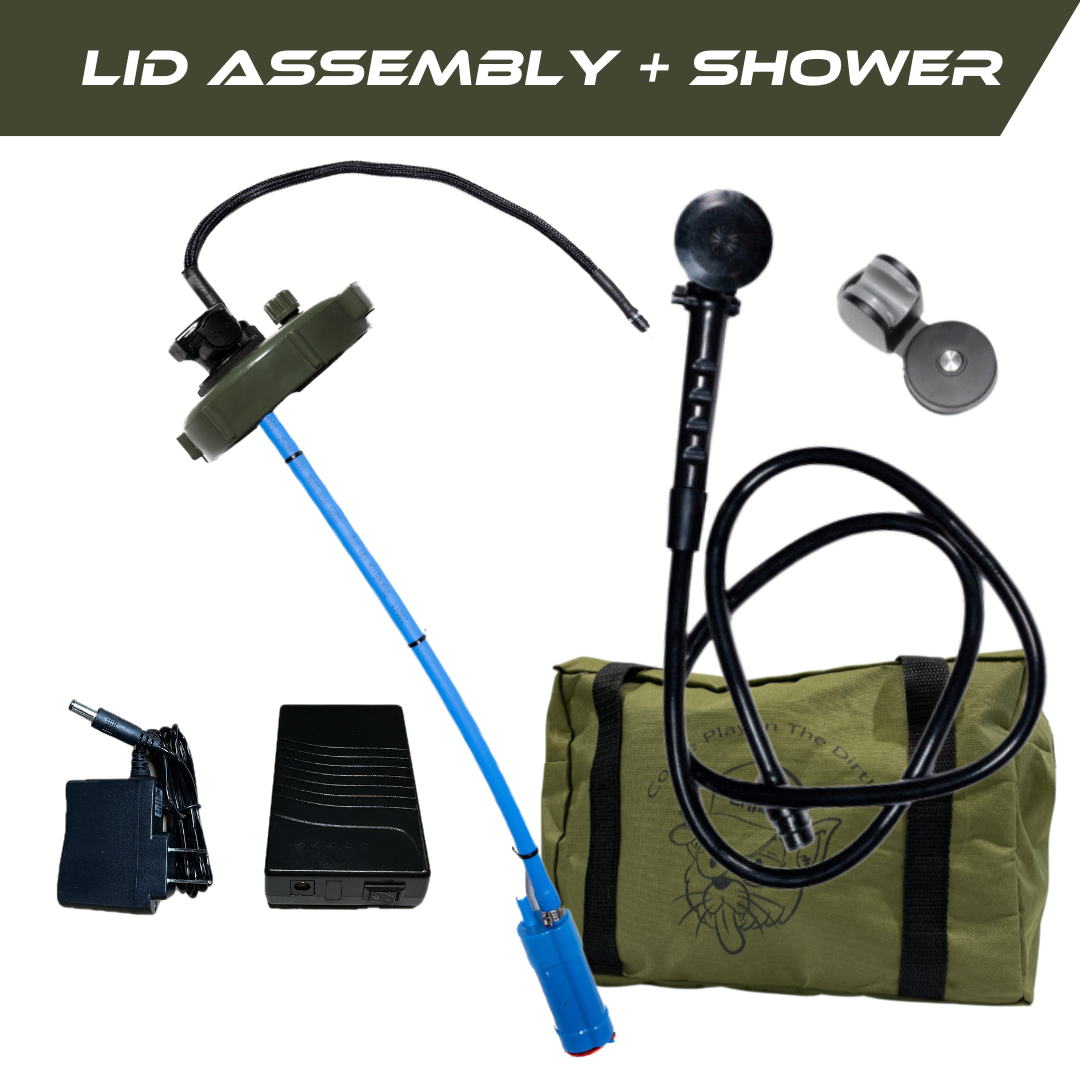 Trailwash Wild Shower portable shower system with green lid assembly
