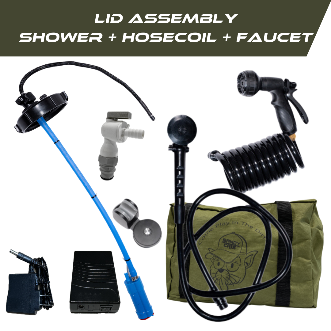 Trailwash black lid assembly with hose shower and faucet