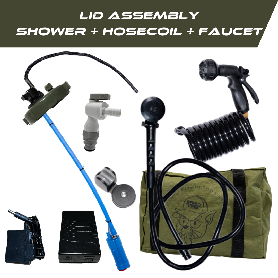 Trailwash green lid assembly with hose shower and faucet