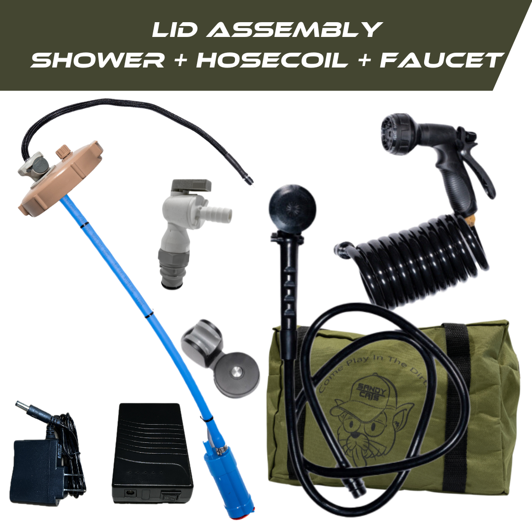 Trailwash sand tan lid assembly with hose shower and faucet