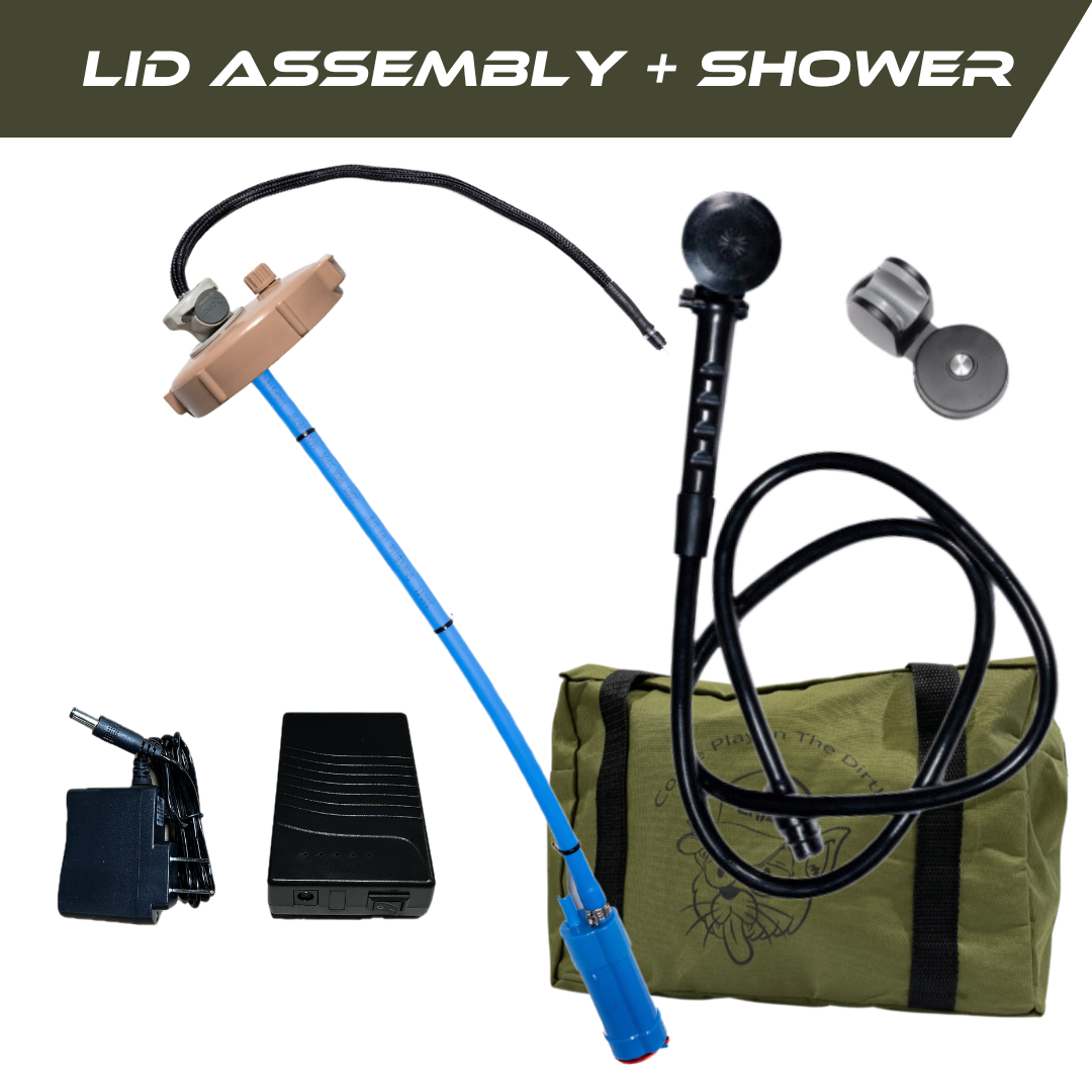 Trailwash Wild Shower portable shower system with sand tan lid assembly