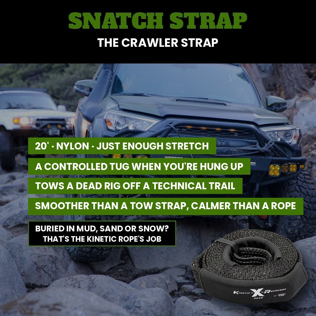 Snatch strap, the crawler strap: 20' nylon, just enough stretch. A controlled tug when you're hung up, tows a dead rig off a technical trail, smoother than a tow strap and calmer than a rope. Buried in mud, sand or snow? That's the kinetic rope's job.