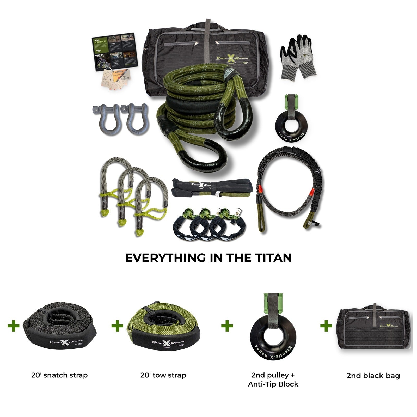 Titan Pro: everything in the Titan, plus a 20' snatch strap, a 20' tow strap, a 2nd pulley with Anti-Tip Block, and a 2nd black bag