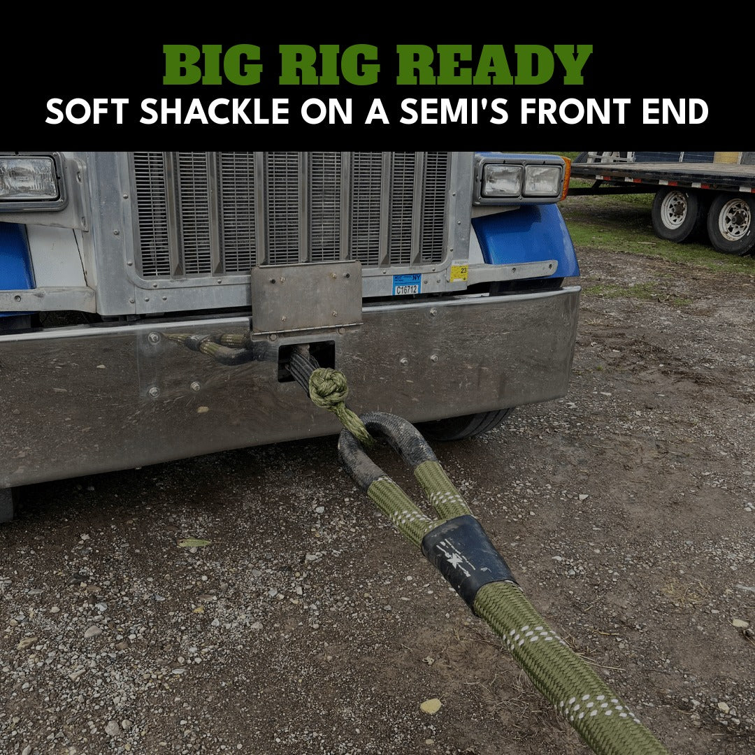 Big Rig Ready: a Sandy Cats Heavy Duty soft shackle and kinetic rope rigged to a semi truck's front end