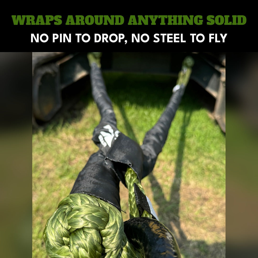 Wraps around anything solid: a Sandy Cats Heavy Duty soft shackle rigged through a skid steer recovery eye