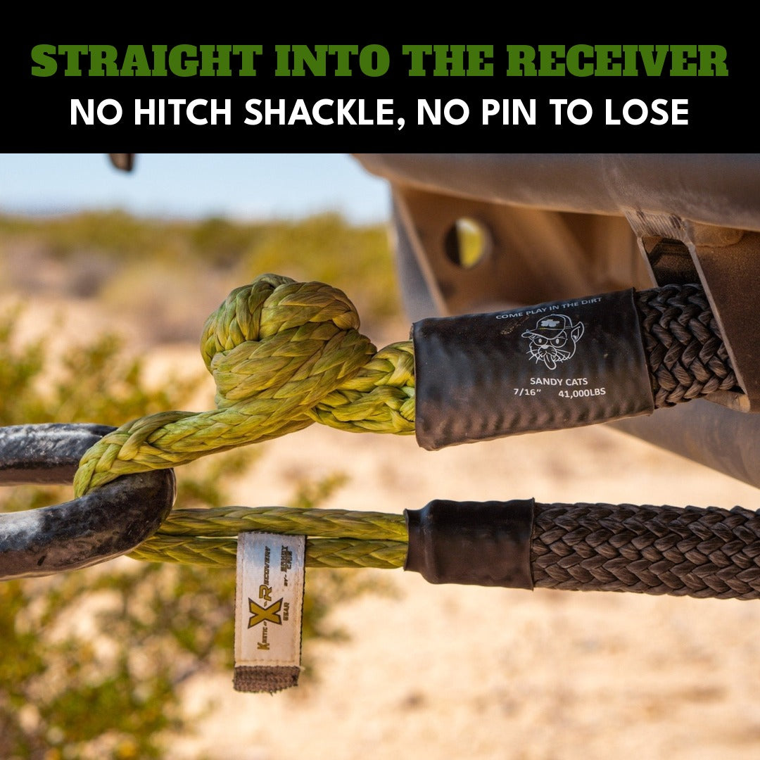Straight into the receiver: a Sandy Cats Hitch Hero soft shackle seated in a truck hitch receiver
