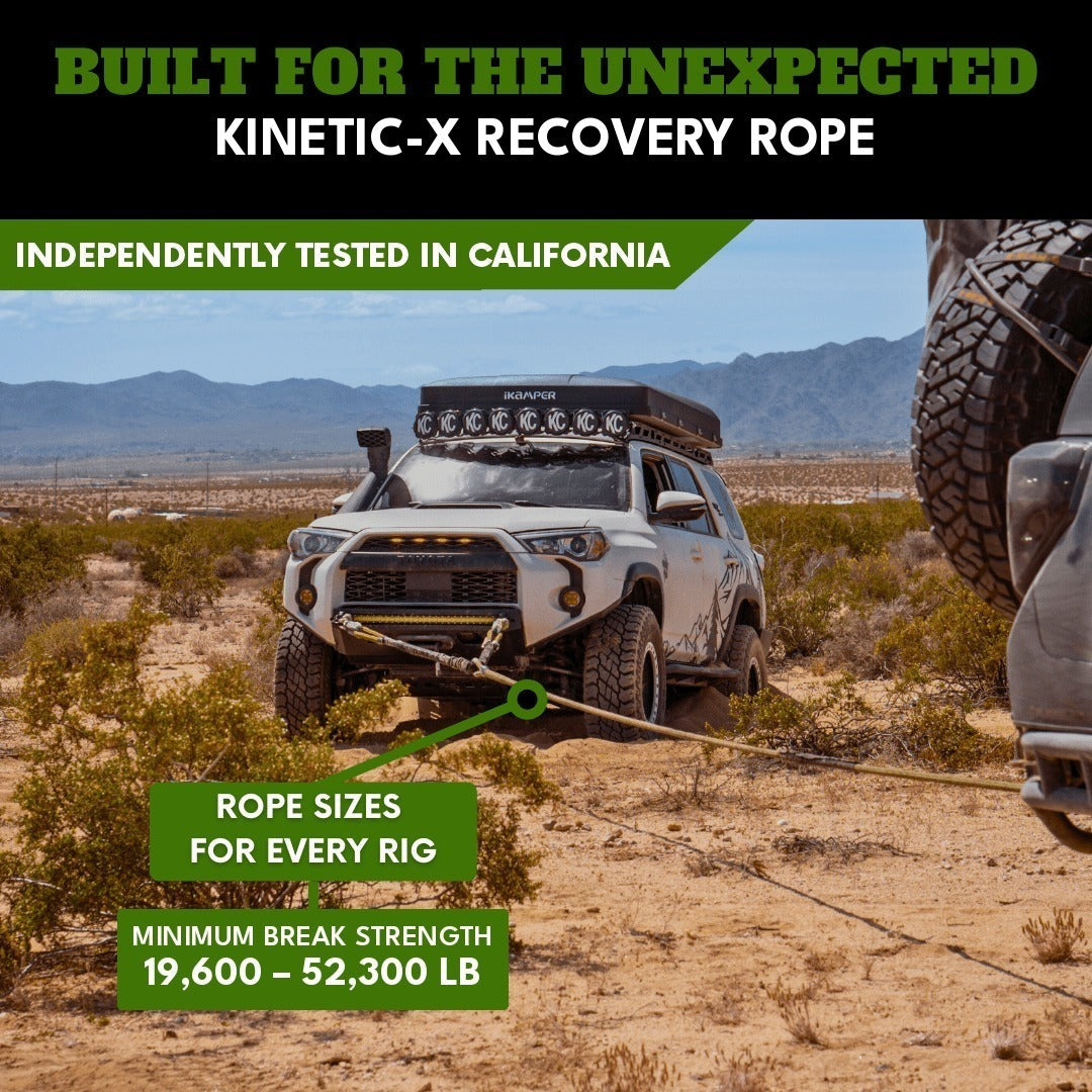 Built for the Unexpected: Kinetic-X Recovery Rope, independently tested in California, rope sizes for every rig, minimum break strength 19,600 to 52,300 lb