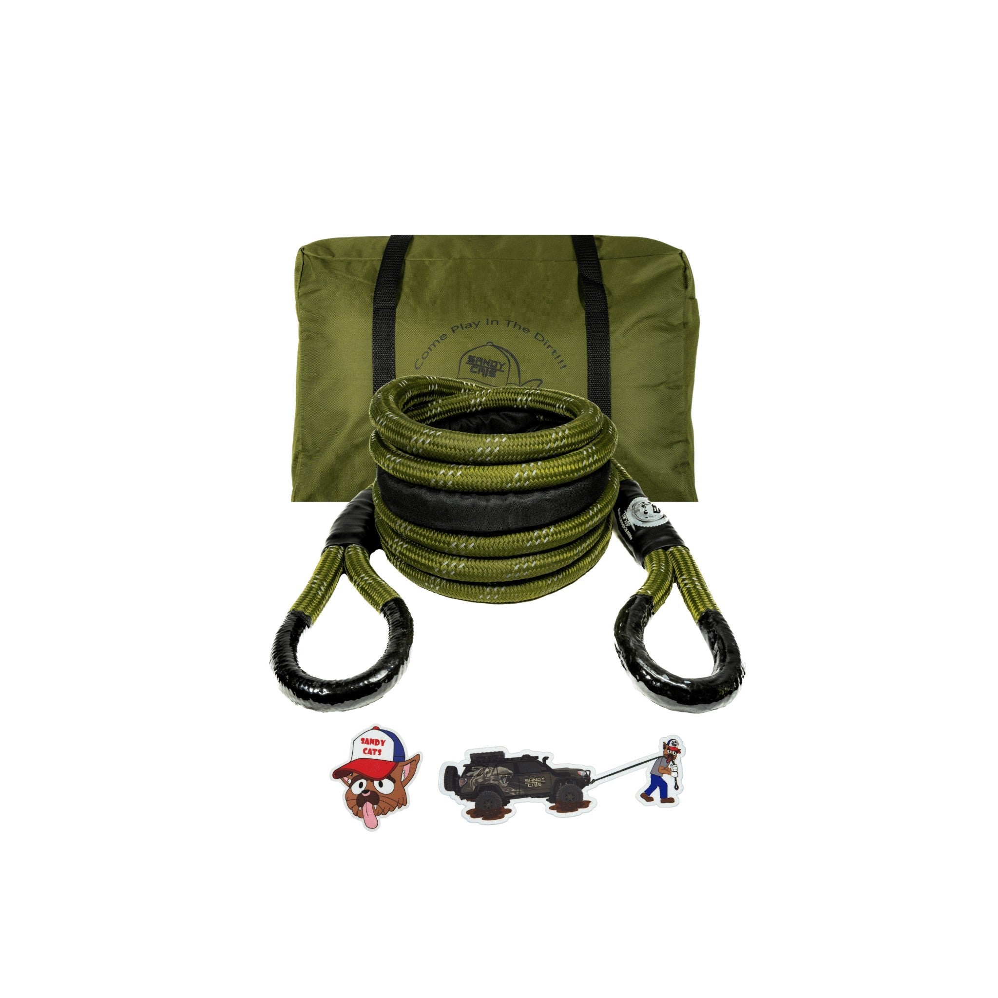 Sandy Cats Kinetic-X kinetic recovery rope coiled and strapped in front of its olive carry bag, with Sandy Cats stickers