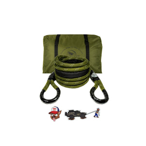 Sandy Cats Kinetic-X kinetic recovery rope coiled and strapped in front of its olive carry bag, with Sandy Cats stickers