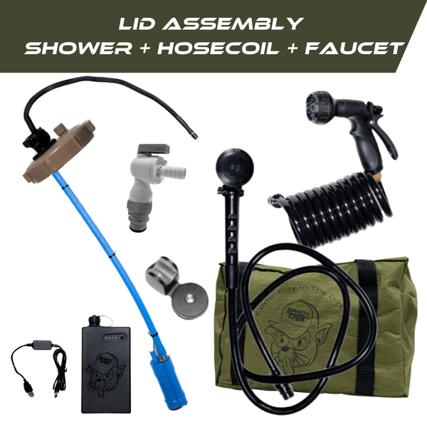 TrailWash DIY lid assembly kit with pressurized lid, German-made pump, battery pack, shower head, coiled hose, faucet attachment, and olive green carry bag