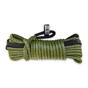 Sandy Cats 50 foot synthetic winch line extension, olive, coiled, on white