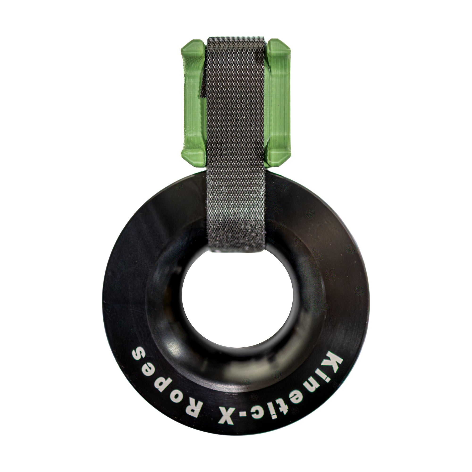 Sandy Cats friction pulley with the green Anti-Tip Block strapped on, white background