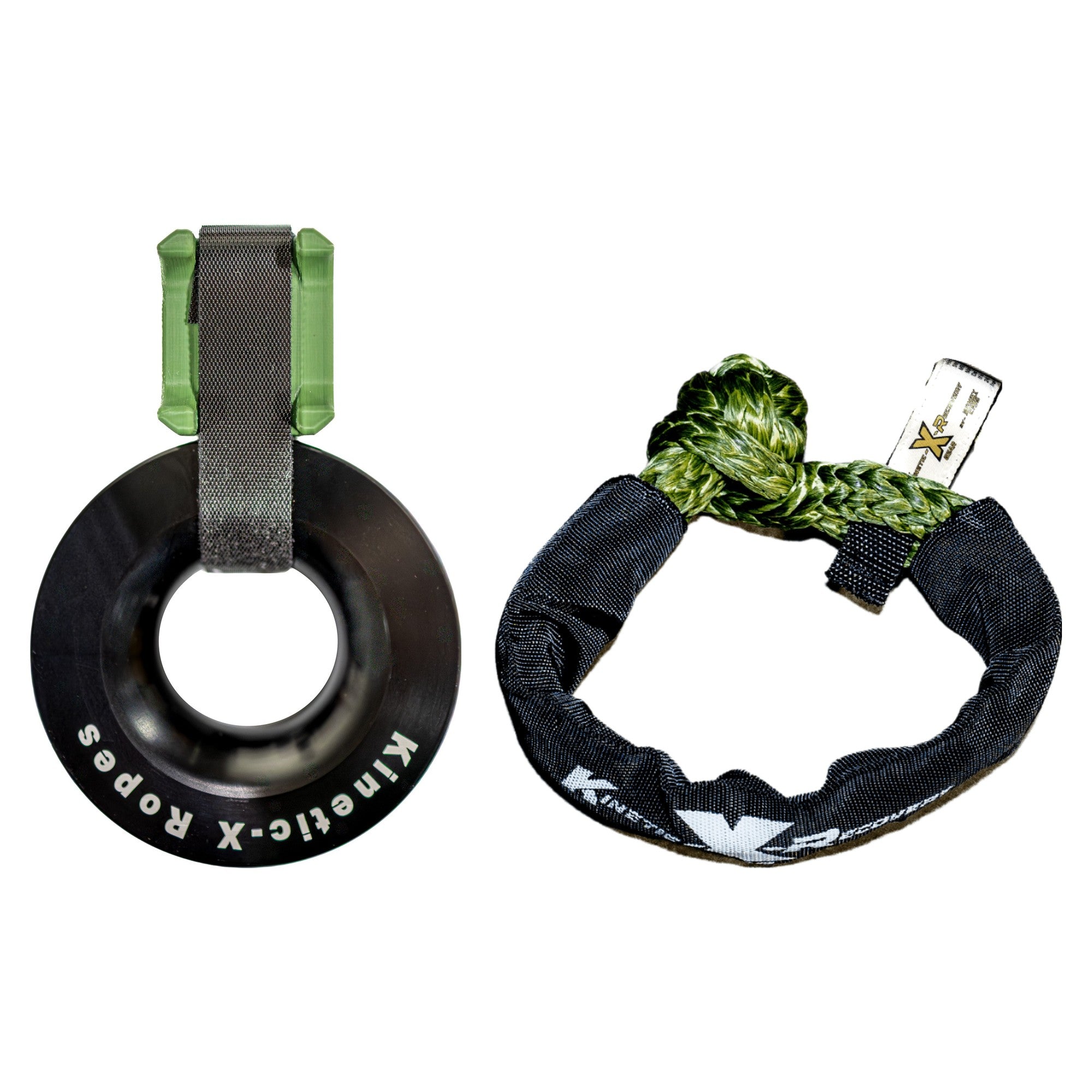 Sandy Cats Anti-Tip Pulley kit: friction pulley with the Anti-Tip Block strapped on, next to the 7/16 inch soft shackle