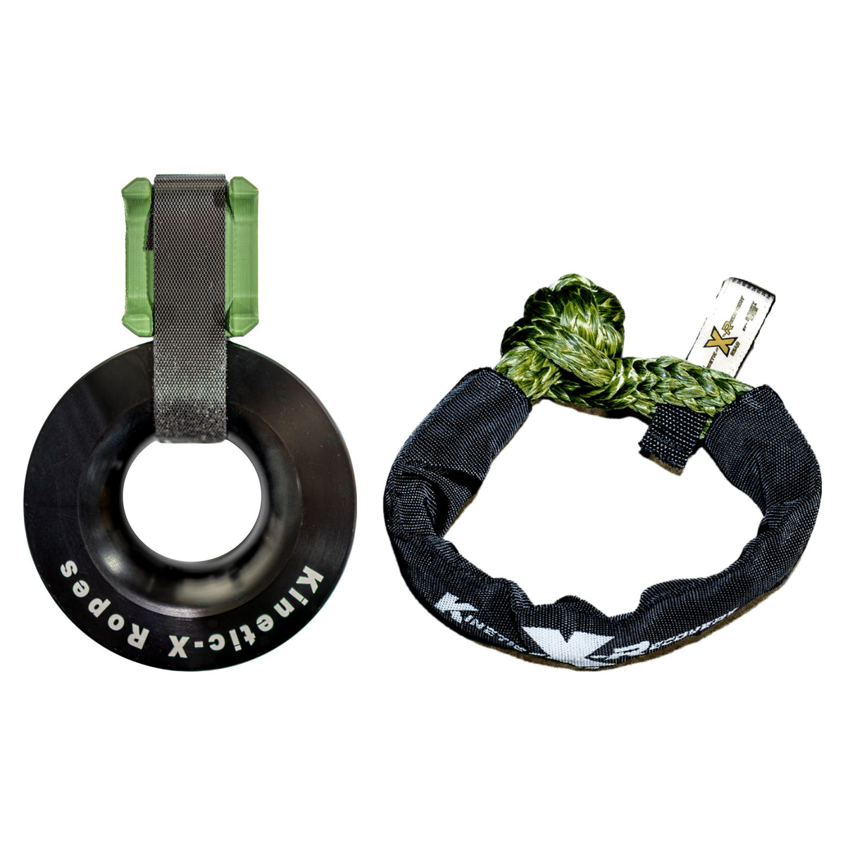 Sandy Cats Anti-Tip Pulley kit: friction pulley with the Anti-Tip Block strapped on, next to the 7/16 inch soft shackle