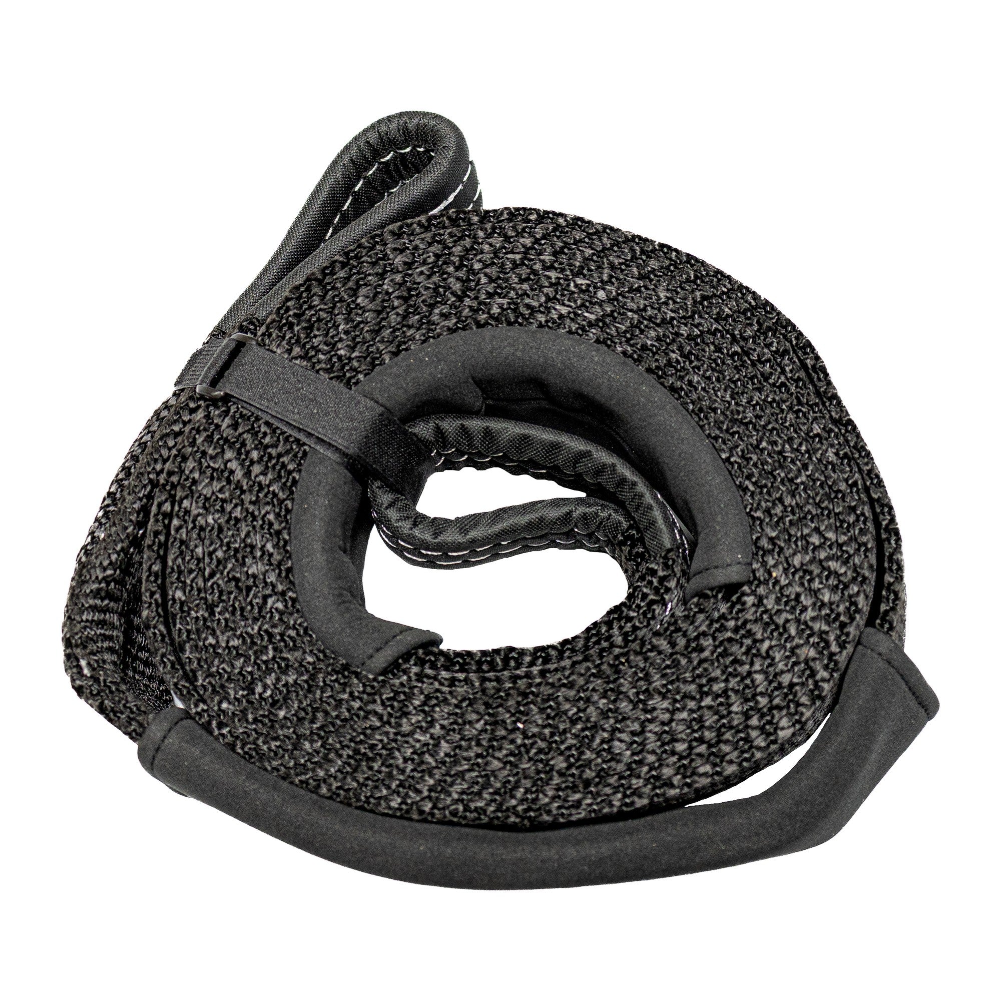 Sandy Cats snatch strap, 3 inch by 20 foot black nylon, coiled