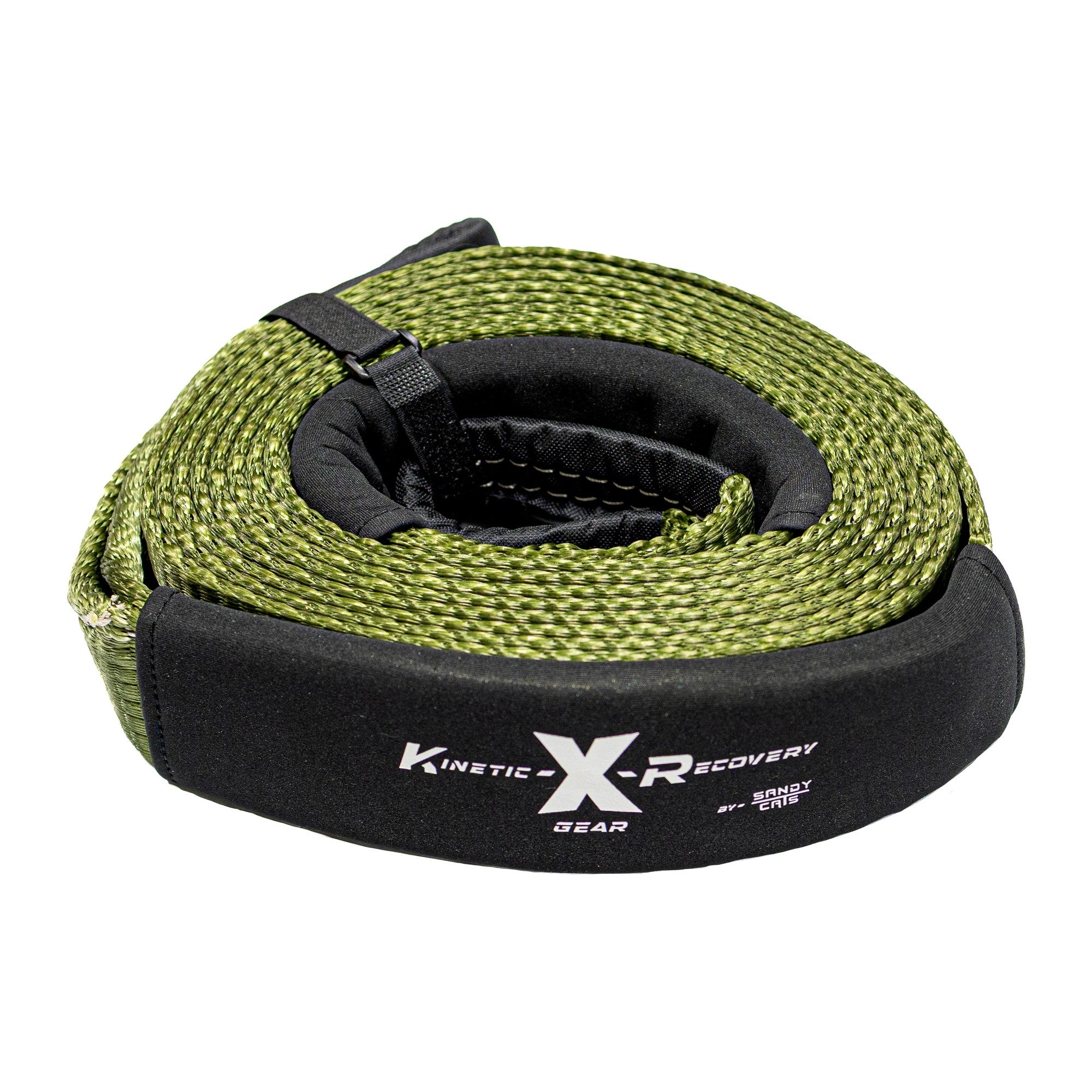Sandy Cats tow strap, 3 inch by 20 foot green polyester, coiled with the Kinetic-X label showing