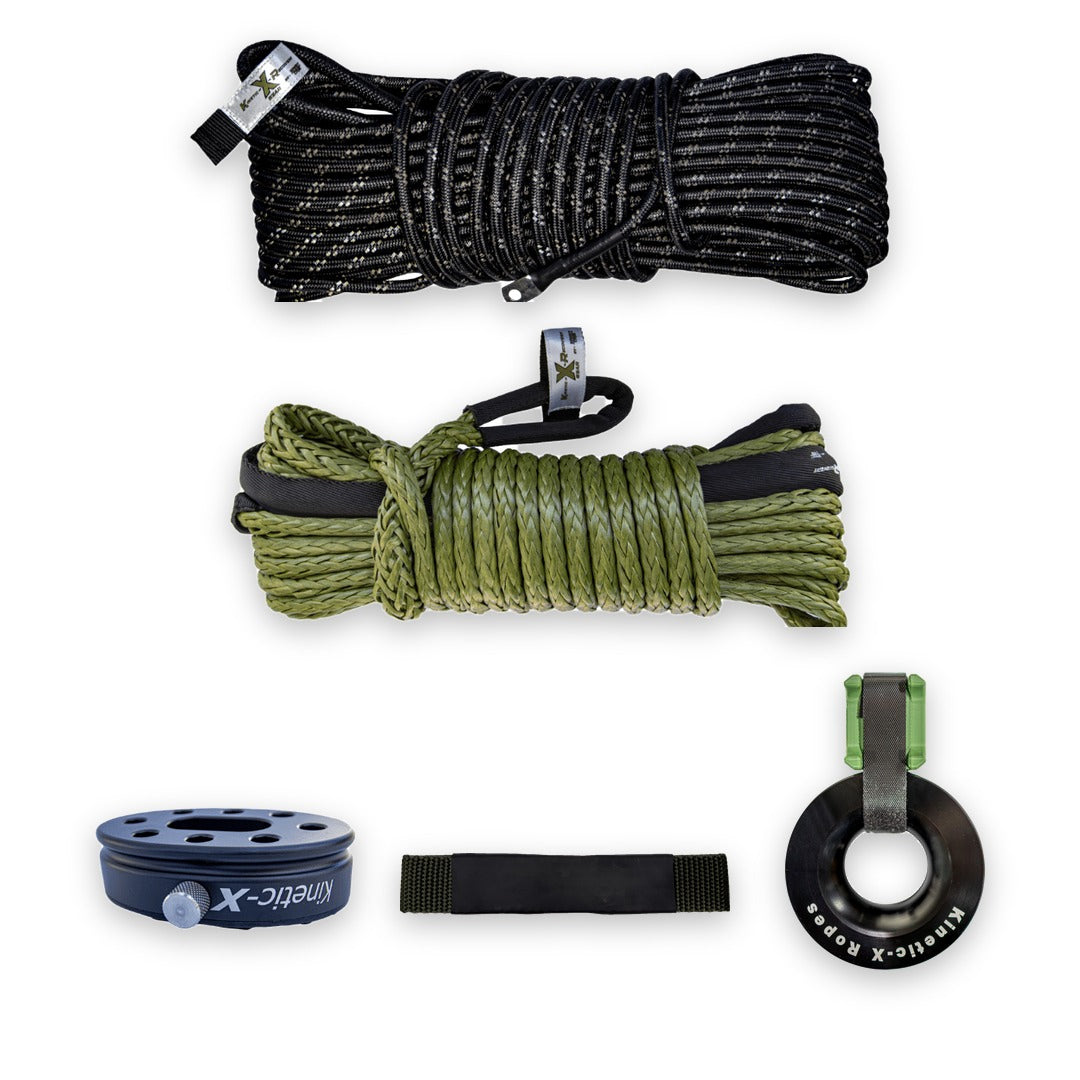 Sandy Cats Winch Kit laid out: 90 foot armored winch line, 50 foot extension, Oval stopper, line holder, and friction pulley with the Anti-Tip Block