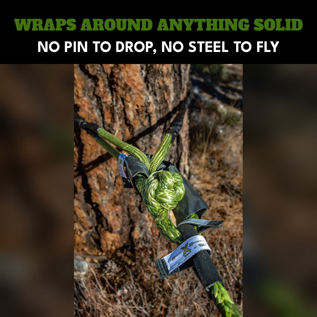 Wraps around anything solid: a Sandy Cats soft shackle joining a kinetic rope to a tree saver