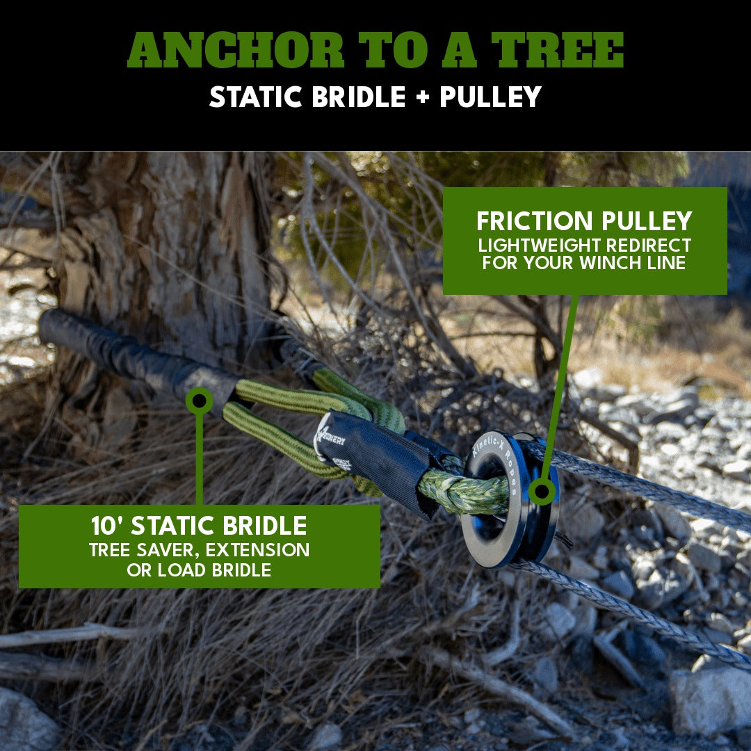 Anchor to a tree: a 10 ft static bridle used as a tree saver with a friction pulley to redirect a winch line