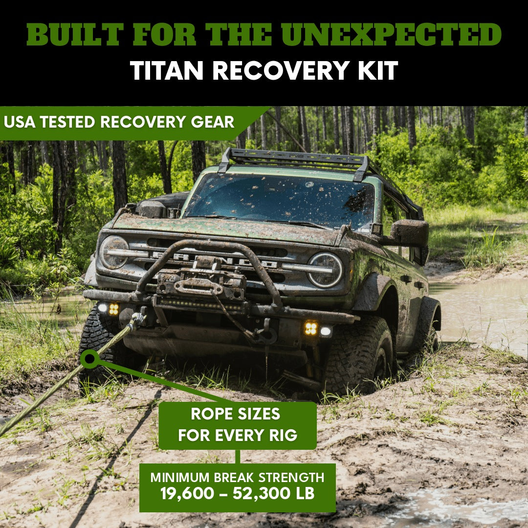 Bronco using the Titan Recovery Kit in muddy terrain with the tagline 