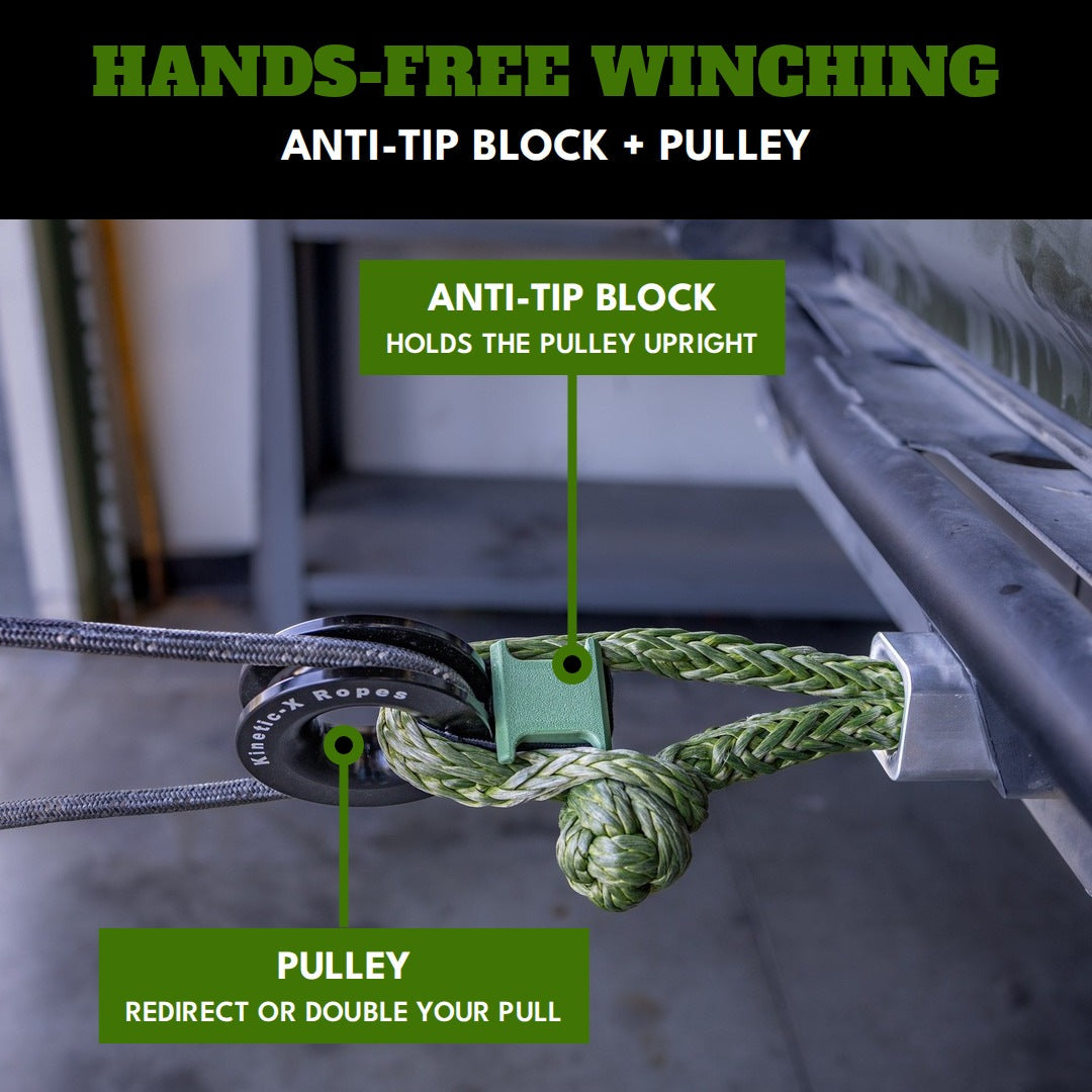 Hands-free winching: the Anti-Tip Block holds the pulley upright on a soft shackle to redirect or double a winch pull