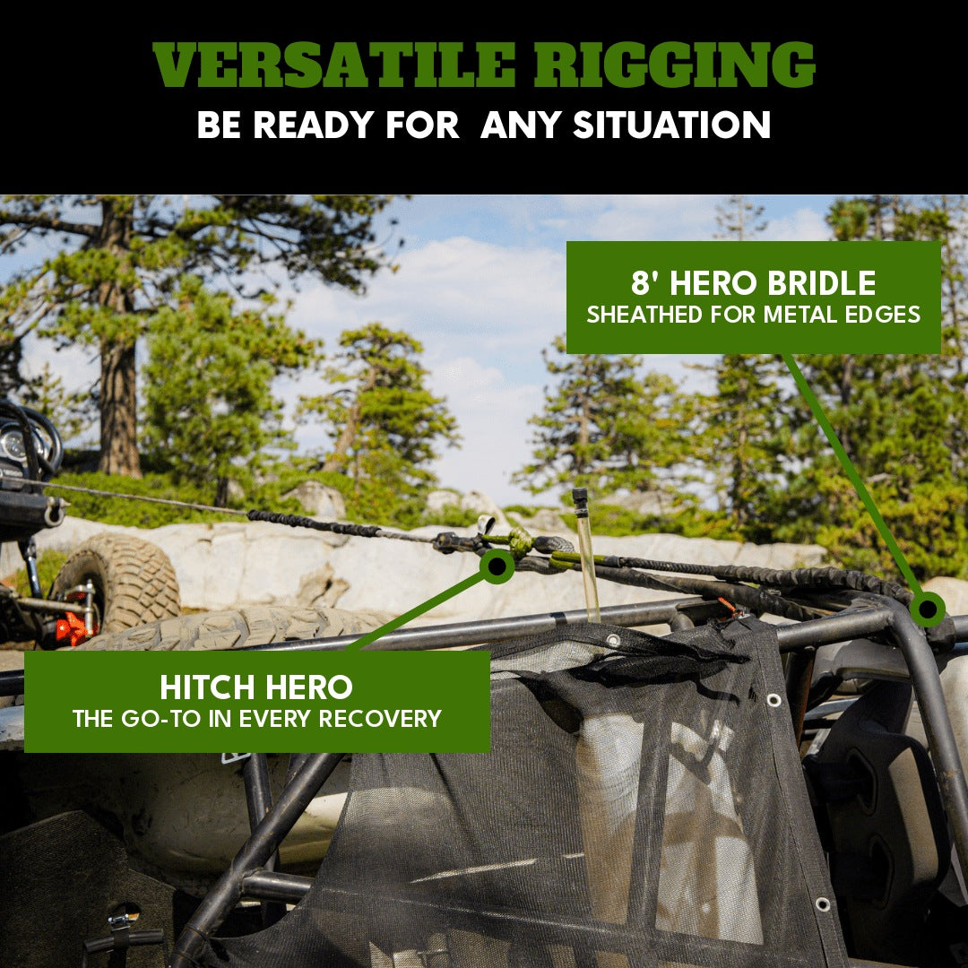 Hero Bridle and Soft Shackle used in an off-road recovery setup, showcasing versatile rigging from the Titan Recovery Kit against metal surfaces.