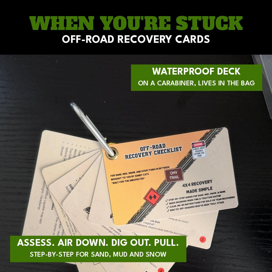 Off-Road Recovery Cards included with this kit: waterproof deck on a carabiner, what to do when stuck, step by step