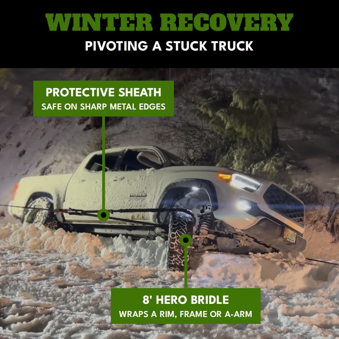 Winter recovery: an 8 ft Hero Bridle wrapped through a rim to pivot a stuck truck in the snow