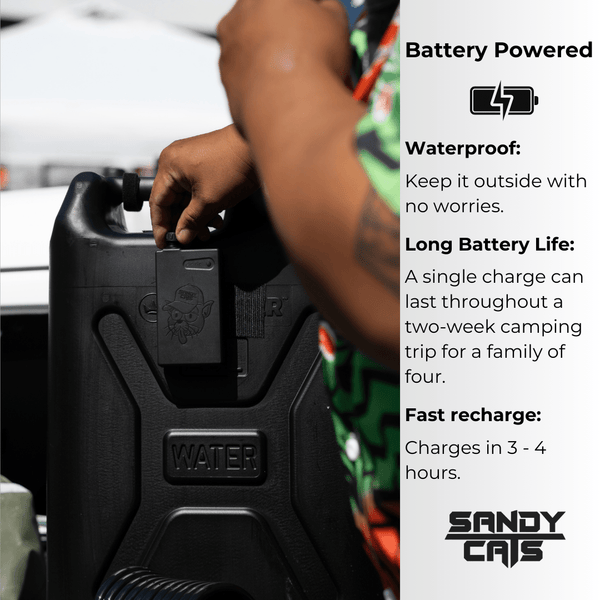 Close-up of TrailWash battery pack with Sandy Cats logo mounted on a black Scepter water canister, showcasing waterproof and long battery life features