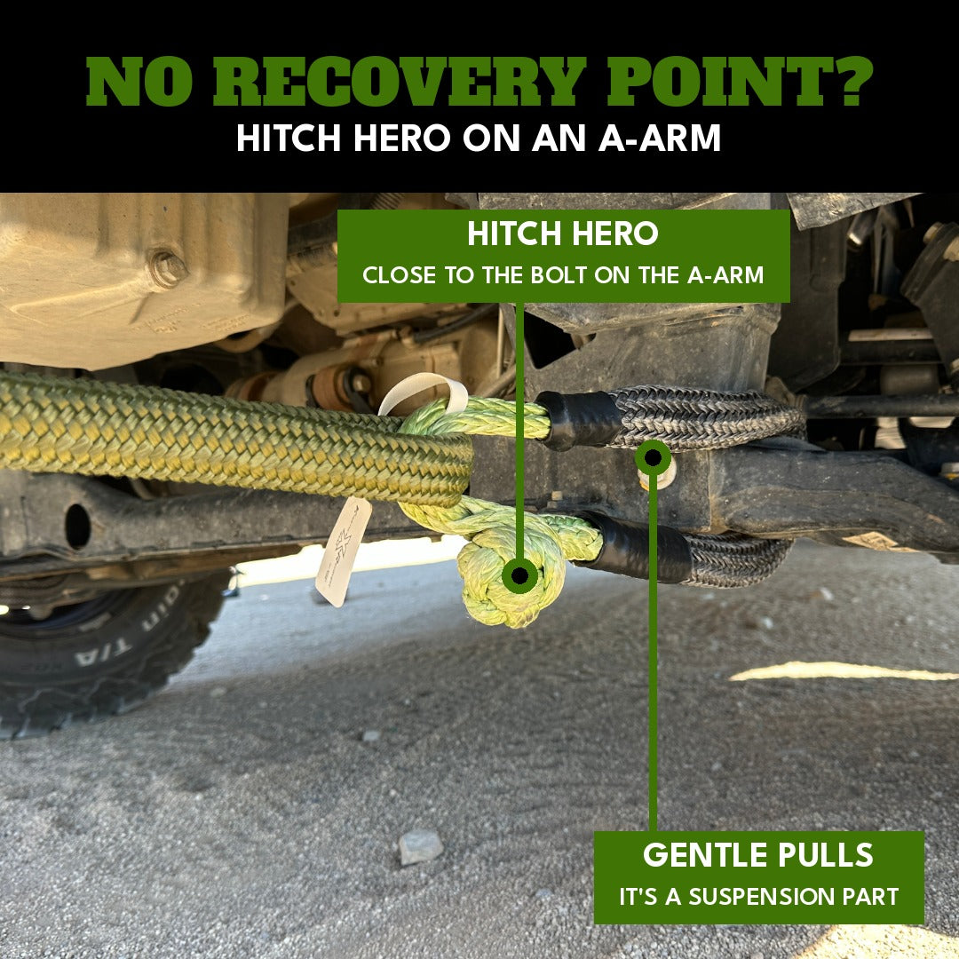 Hitch Hero soft shackle around a control arm close to the bolt, with the kinetic rope attached: no recovery point needed
