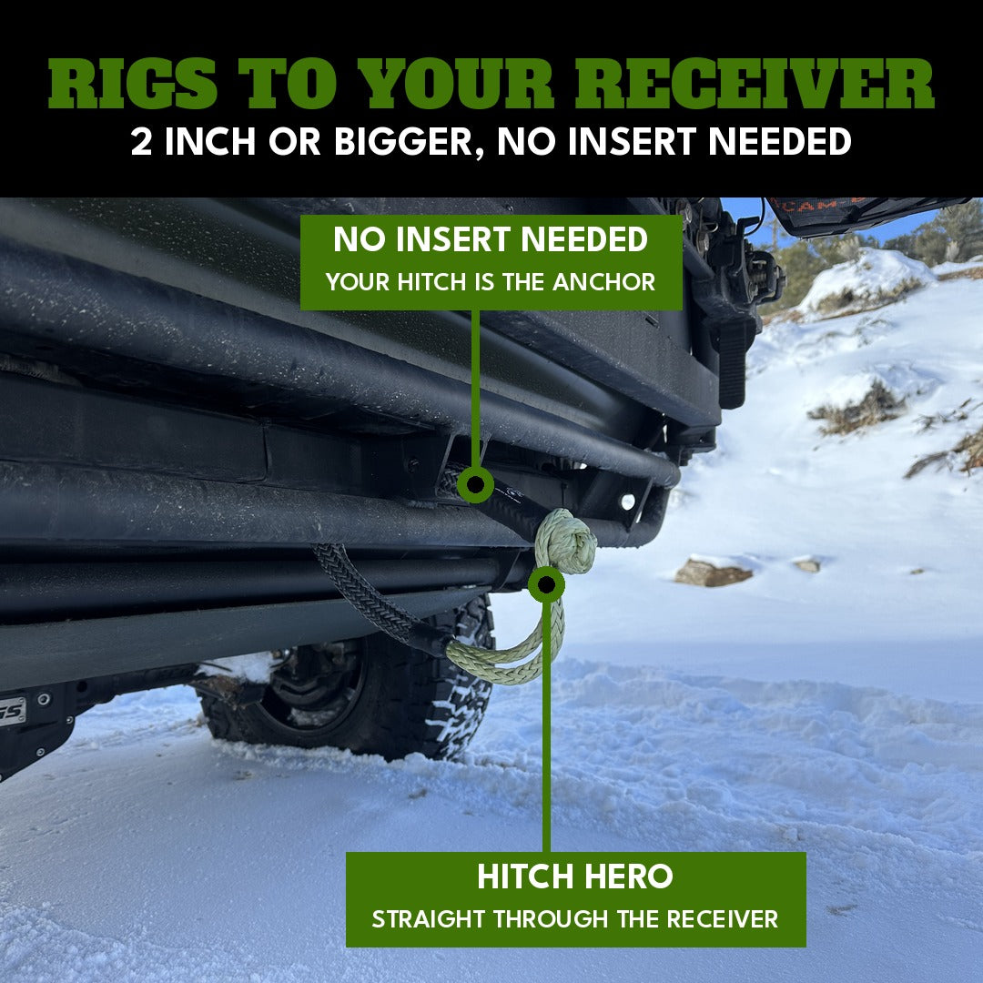 Hitch Hero soft shackle rigged straight through a 4Runner rear hitch receiver in snow: 2 inch or bigger receiver, no insert needed