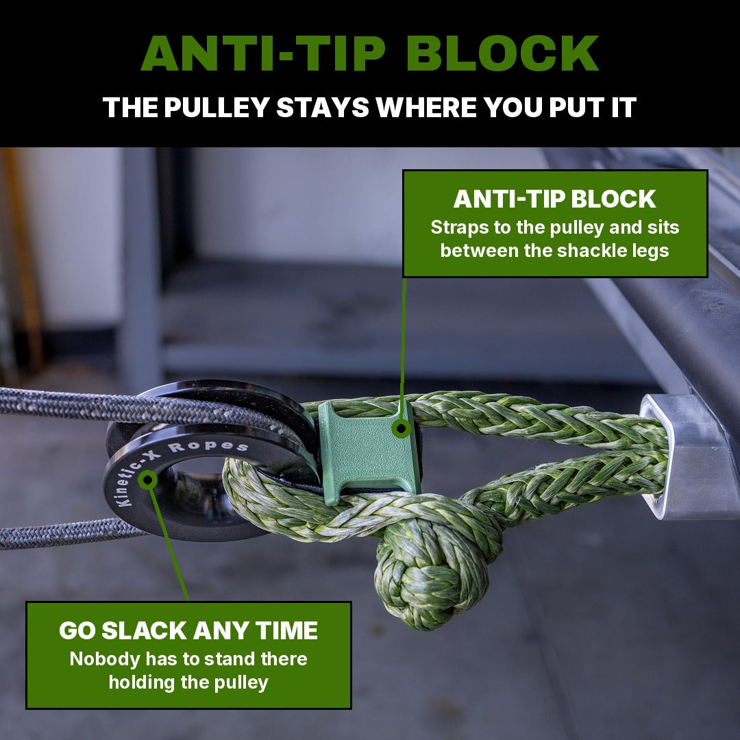 Anti-Tip Block holding the friction pulley upright on a soft shackle in a hitch receiver, winch line running through the pulley