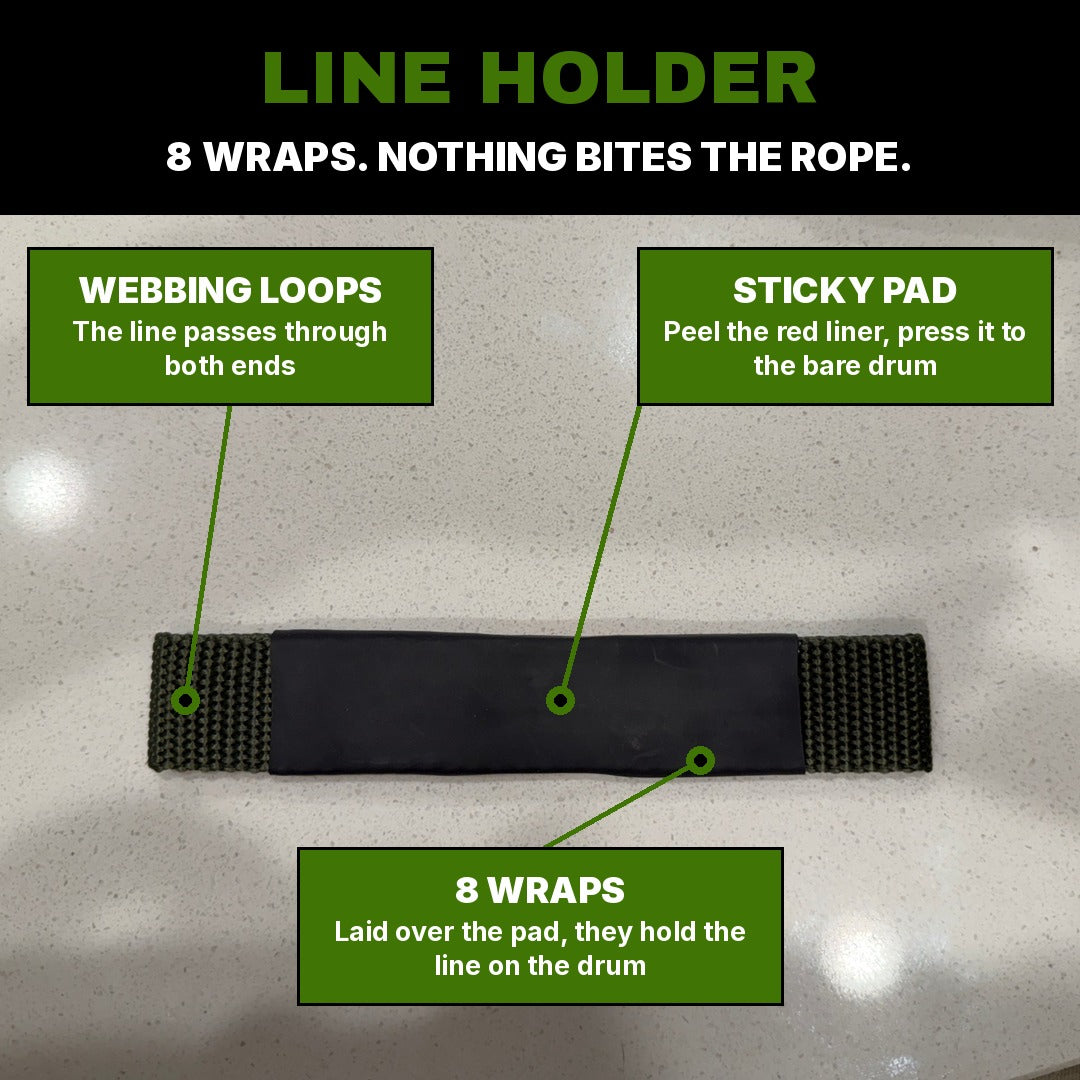 Line holder that anchors the synthetic winch line to the winch drum: webbing loops at each end and an adhesive pad, held by 8 wraps of line