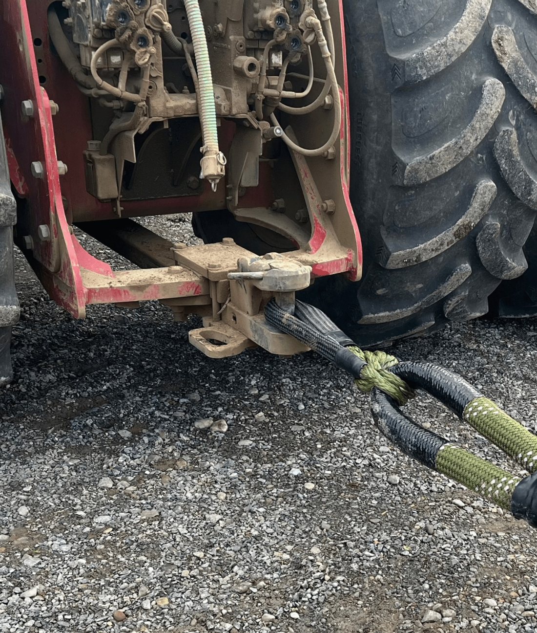 Sandy Cats Hitch Hero soft shackle and kinetic rope rigged to a tractor drawbar